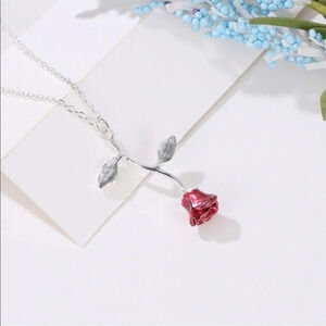 Red Rose Pendant Necklace Silver Tone Floral Gift NWT